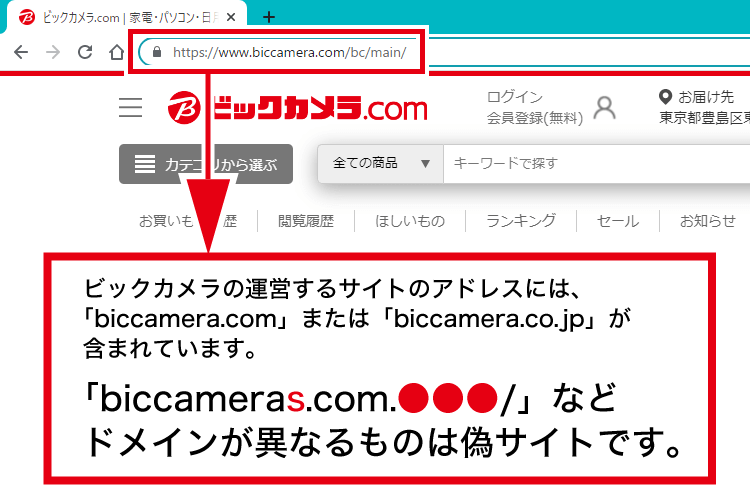ビックカメラの運営するサイトであるかについては、使用しているブラウザに表示されるアドレスを確認してください