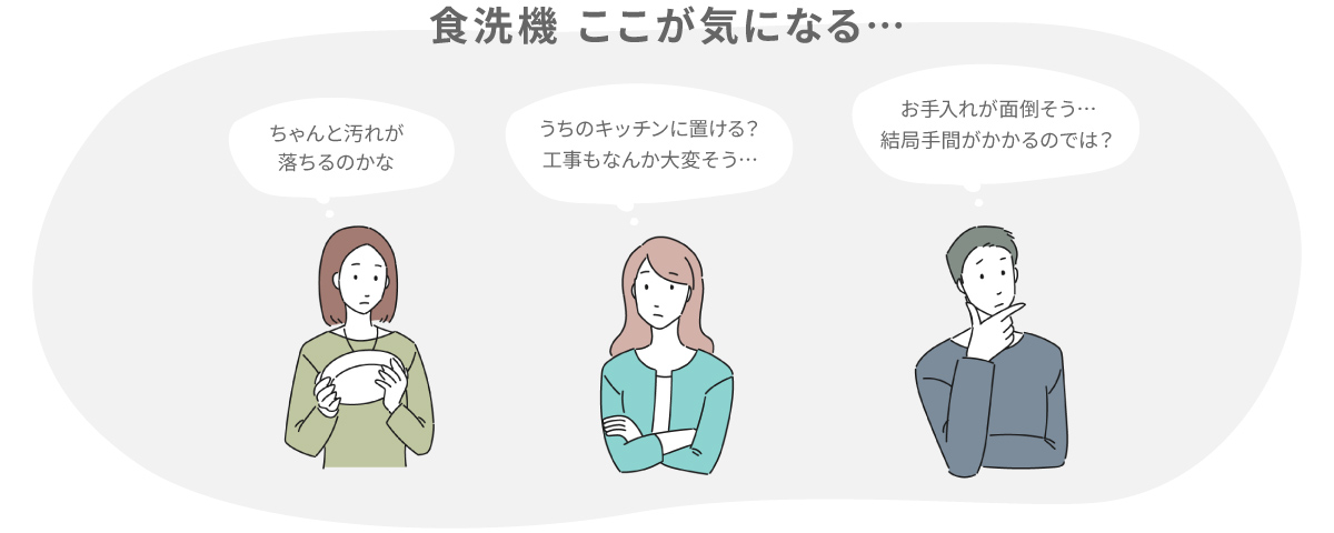 食洗機 ここが気になる 「ちゃんと汚れが落ちるのかな」「うちのキッチンに置ける?工事もなんか大変そう・・・」「お手入れが面倒そう・・・結局手間がかかるのでは?」
