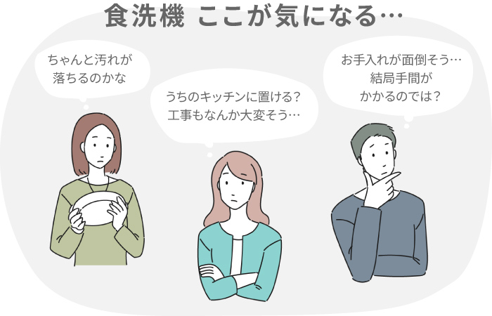 食洗機 ここが気になる 「ちゃんと汚れが落ちるのかな」「ちのキッチンに置ける?工事もなんか大変そう・・・」「お手入れが面倒そう・・・結局手間がかかるのでは?」
