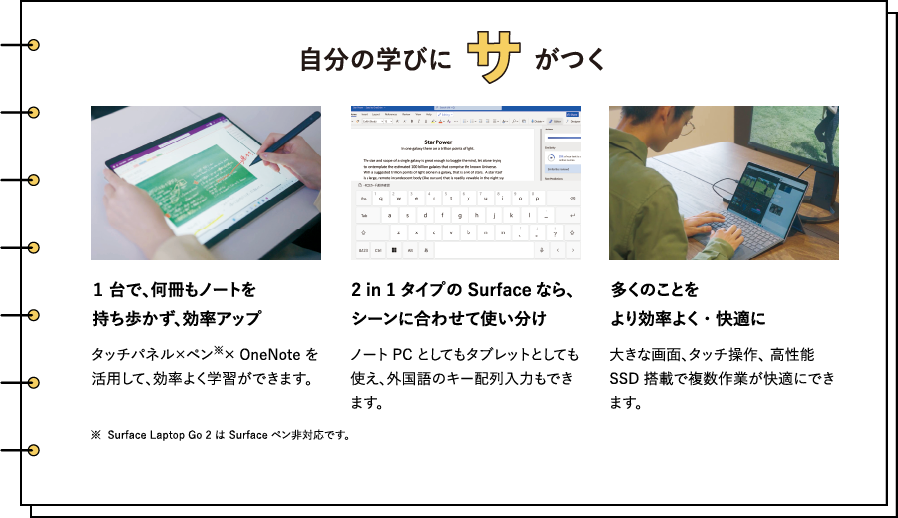 �����̊w�тɃT�����@�P ��ŁA�������m�[�g�������������A�����A�b�v�@�^�b�`�p�l���~�y���@���~ OneNote �����p���āA�����悭�w�K���ł��܂��B��  Surface Laptop Go 2 �� Surface �y����Ή��ł��B�@2 in 1 �^�C�v�� Surface�Ȃ�A�V�[���ɍ��킹�Ďg�������@�m�[�g PC �Ƃ��Ă��^�u���b�g�Ƃ��Ă��g���A�O����̃L�[�z����͂��ł��܂��B�@�����̂��Ƃ�
                    �������悭�E���K�Ɂ@�傫�ȉ�ʁA�^�b�`����A �����\ SSD ���ڂŕ�����Ƃ����K�ɂł��܂��B