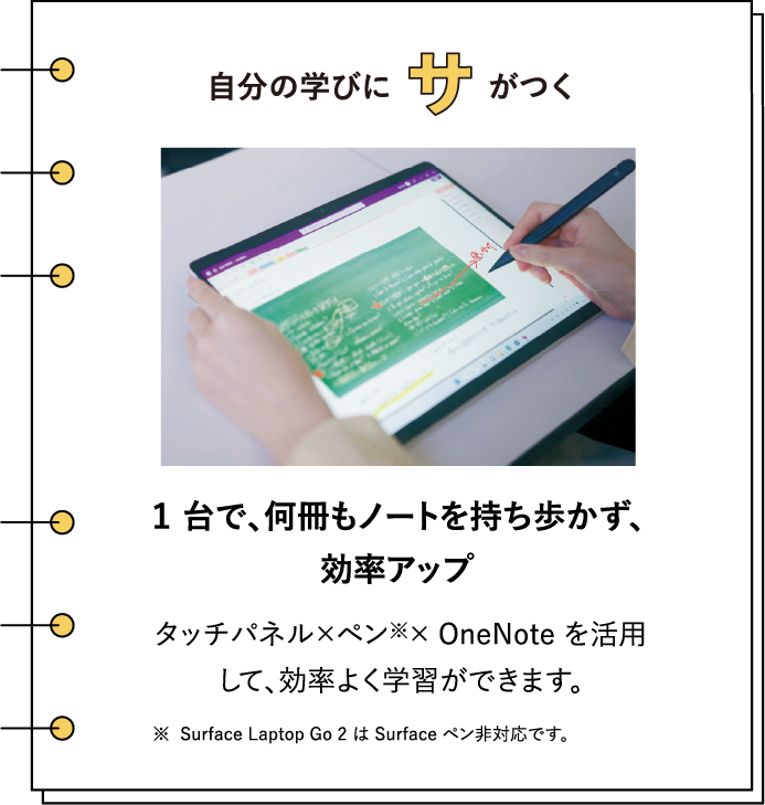 �����̊w�тɃT�����@�P ��ŁA�������m�[�g�������������A�����A�b�v�@�^�b�`�p�l���~�y���@���~ OneNote �����p���āA�����悭�w�K���ł��܂��B��  Surface Laptop Go 2 �� Surface �y����Ή��ł��B