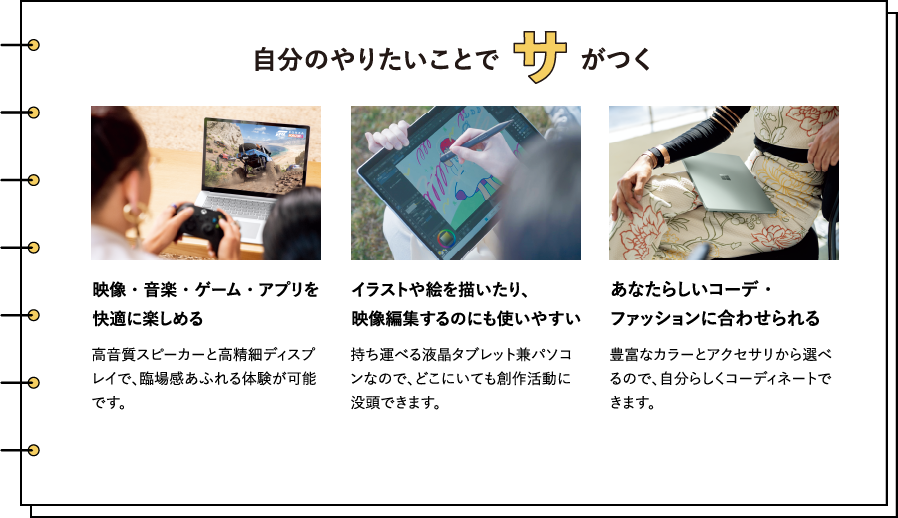 �����̂�肽�����ƂŃT�����@�f���E���y�E�Q�[���E�A�v�������K�Ɋy���߂�@�������X�s�[�J�[�ƍ����׃f�B�X�v���C�ŁA�Տꊴ���ӂ��̌����\�ł��B�@�C���X�g��G��`������A�f���ҏW����̂ɂ��g���₷���@�����^�ׂ�t���^�u���b�g���p�\�R���Ȃ̂ŁA�ǂ��ɂ��Ă��n�슈���ɖv���ł��܂��B�@���Ȃ��炵���R�[�f�E�t�@�b�V�����ɍ��킹����@�L�x�ȃJ���[�ƃA�N�Z�T������I�ׂ�̂ŁA�����炵���R�[�f�B�l�[�g�ł��܂��B