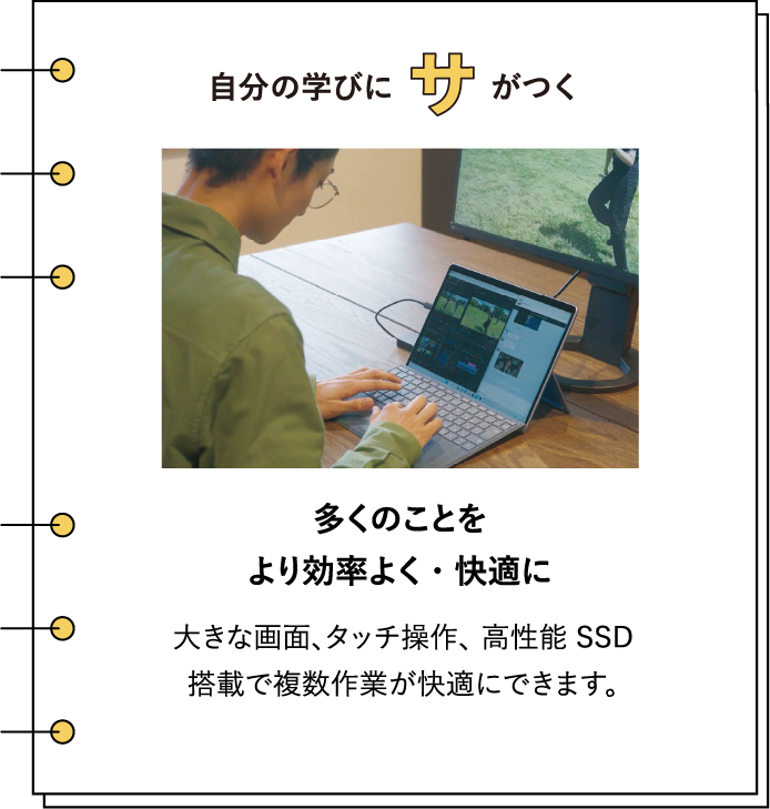 �����̊w�тɃT�����@�m�[�g PC �Ƃ��Ă��^�u���b�g�Ƃ��Ă��g���A�O����̃L�[�z����͂��ł��܂��B�@�����̂��Ƃ�
                    �������悭�E���K�Ɂ@�傫�ȉ�ʁA�^�b�`����A �����\ SSD ���ڂŕ�����Ƃ����K�ɂł��܂��B