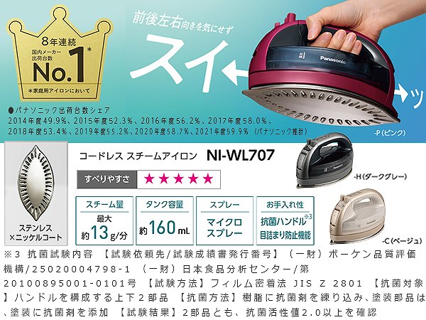 パナソニック Panasonic コードレススチームアイロン CaRuru(カルル) ダークグレー  NI-WL707-H 価格比較