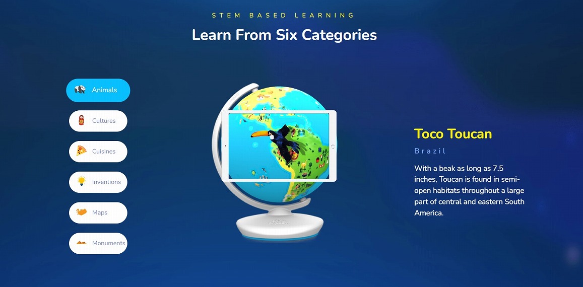 Orboot Earth�́A���ۂ̒n���V�Ɗg�������iAR�j�Z�p��g�ݍ��킹���̌���񋟂��邱�Ƃňȉ��̊w�т�V�тȂ��瓾�邱�Ƃ��ł��܂��B