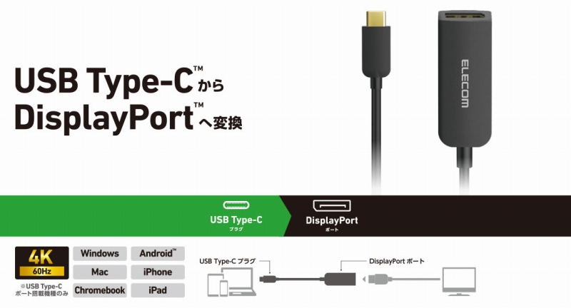 DisplayPort�R�l�N�^�[���ڂ̃f�B�X�v���C�Ȃǂɉf�����o�͂ł���ϊ��A�_�v�^�[