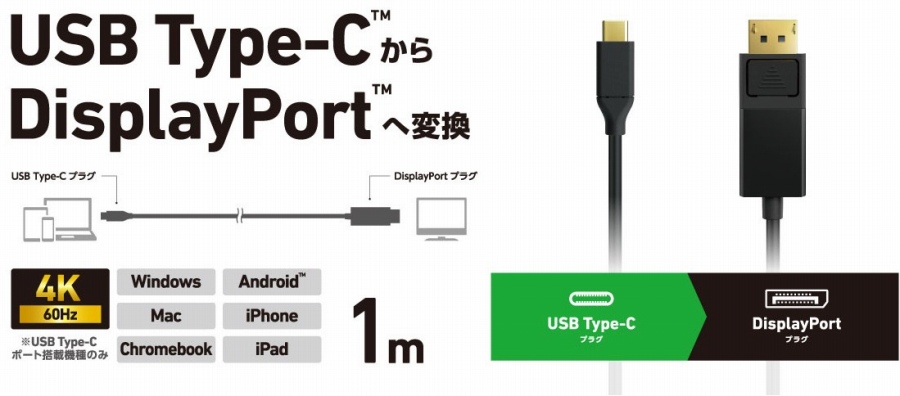 USB Type-CDisplayPort�|�[�g�֕ϊ��ł���P�[�u��