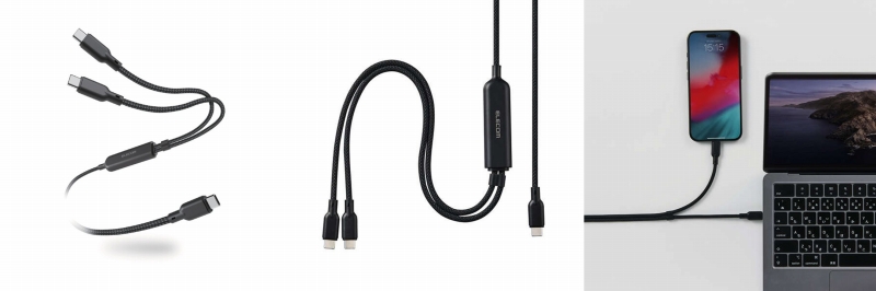 1�{��2�䓯���ɏ[�d�I2��USB Type-C�P�[�u����1�{�ɂ܂Ƃ߂�2WAY�P�[�u��