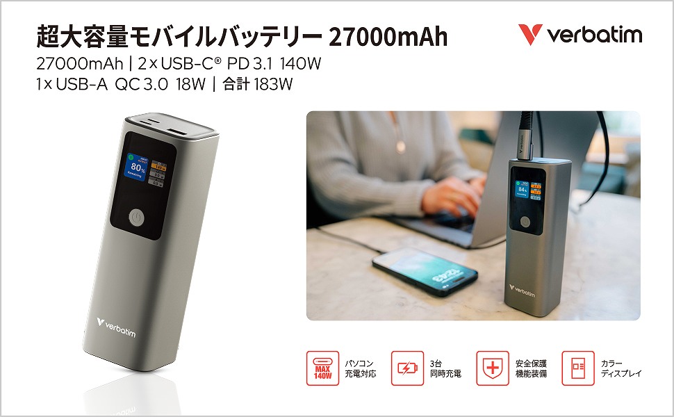 ���s�E�o�������펞�܂ŁA�@��̏[�d��͋����x����27,000mAh����e�ʃ��o�C���o�b�e���[�B