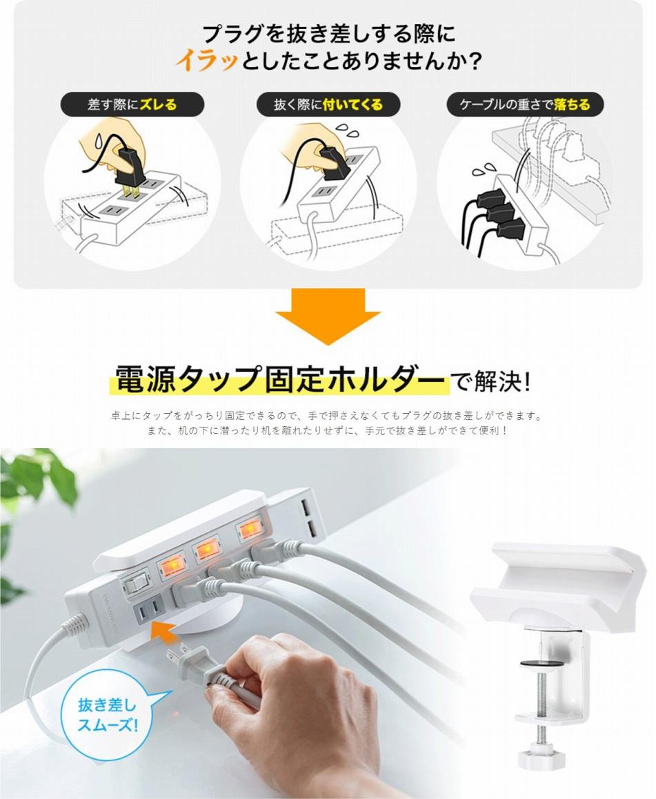 �d���^�b�v�E�����R�[�h �T�����T�v���C�@SANWA�@SUPPLY  �d���^�b�v�f�X�N�N�����v����]�^�Œ�z���_�[ �z���C�g TAP-CLAMP1 [�X�C�b�`��]