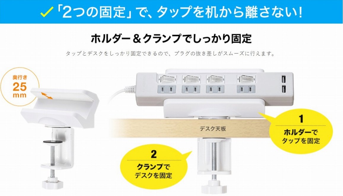 �d���^�b�v�E�����R�[�h �T�����T�v���C�@SANWA�@SUPPLY  �d���^�b�v�f�X�N�N�����v����]�^�Œ�z���_�[ �z���C�g TAP-CLAMP1 [�X�C�b�`��]