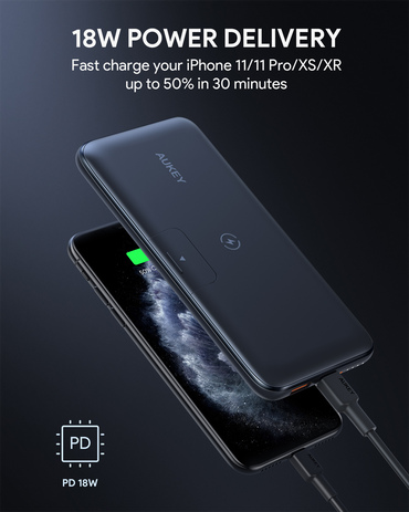 AUKEY �I�b�L�[ 10000mAh ���C�����X�@�\�t�� �܂肽���݃X�^���h PB-WL02-BK Power Delivery�K�i