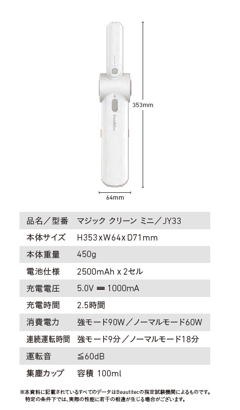 �|���@�E�N���[�i�[ �n���f�B�N���[�i�[ �r���[�e�B�e�b�N�@Beautitec  �[�d���n���f�B�N���[�i�[�@Magic Clean mini JY33 [���p�b�N���X�� /�R�[�h���X] �r�b�N�J����