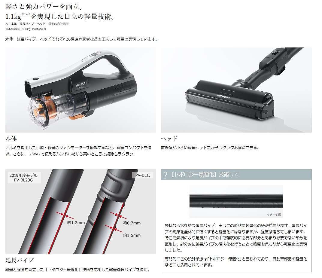 スティック型掃除機 PV-BL1J-W [サイクロン式 /コードレス] 日立｜HITACHI 通販 | ビックカメラ.com